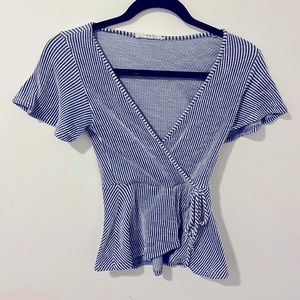 Blue and white stripe blouse with stitched side tie